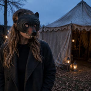 Può includere: Una maschera da orso nera con tratti del viso modellati, orecchie a punta e denti visibili, indossata sul volto. La maschera presenta una superficie testurizzata e una finitura scura, coprendo la parte superiore del viso e lasciando scoperta la zona della mascella.