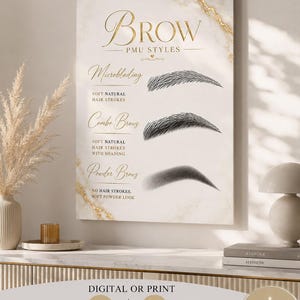 Puede incluir: Un cuadro decorativo rectangular con fondo de mármol blanco y detalles dorados. El texto dice BROW PMU STYLES, Microblading, Combo Brows y Powder Brows, acompañado de ilustraciones de tres estilos de cejas y texto descriptivo.