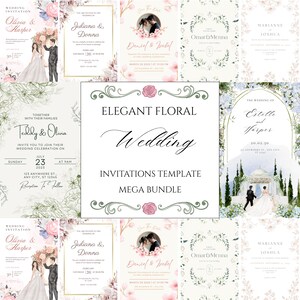 May include: A digital collage of various wedding invitation templates featuring floral illustrations, romantic couple graphics, and elegant typography. The central text reads ELEGANT FLORAL Wedding INVITATIONS TEMPLATE MEGA BUNDLE.