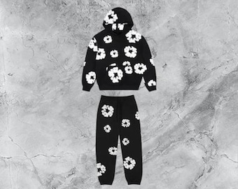 Denim Tears Style Cotton Wreath Tracksuit | Graphic Floral Print Hoodie & Joggers Set | Unisex Heavyweight Urban Sweatsuit Streetwear