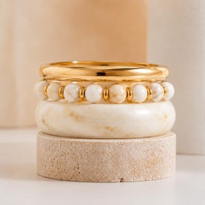 White Marble Bangle Bracelet Set – Gold Cuff & Beaded Bracelet Stack | Elegant Statement Jewelry for Women