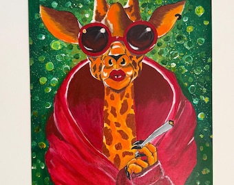 Origineel acrylschilderij giraffe: zelfverzekerd, eigenzinnig, bordeauxrood gewaad, zonnebril, 30 x 40 cm