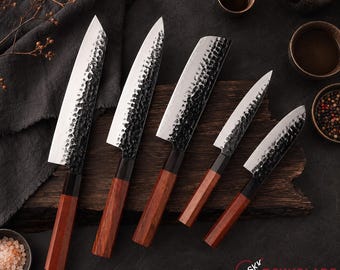 5 Piece Japanese San Mai Kitchen Knife Set, AUS-10 Damascus Steel Chef, Kiritsuke, Nakiri, Boning & Petty Knives