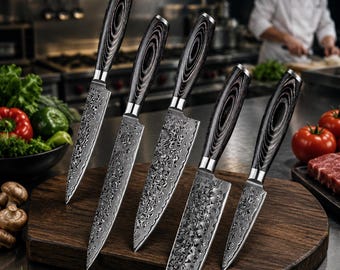 5-delige Damascus messenset | Chef-kokmessen van 67-laags staal met handvat van pakkahout | Keuken in Japanse stijl | Professioneel kookgerei cadeau