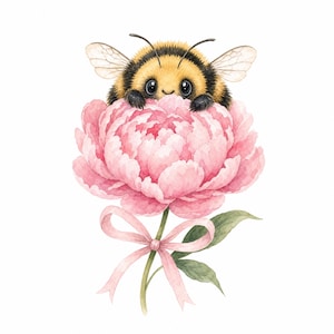 May include: A watercolor illustration of a fuzzy yellow and black bumblebee with large dark eyes resting behind a large, layered pink peony flower. The flower stem is tied with a light pink ribbon bow and features two green leaves.