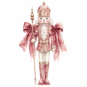May include: A watercolor illustration of a nutcracker soldier wearing a dusty pink uniform, crown, and tall boots. The figure holds a long staff and features large, flowing pink bows attached to the shoulders, with a white beard and hair.