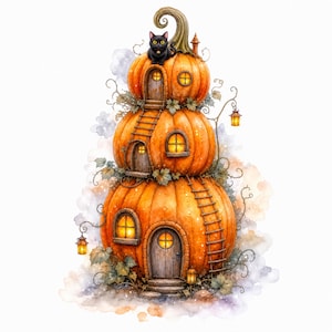 May include: A three-story pumpkin house illustration featuring orange pumpkins stacked vertically, each with wooden doors and glowing windows. A black cat sits on the top pumpkin. The structure includes wooden ladders, hanging lanterns, and green vines.