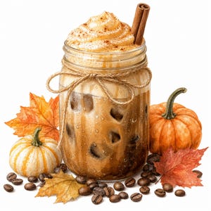 Puede incluir: Un frasco de vidrio lleno de café helado, cubierto con crema batida y una rama de canela. El frasco está atado con cordel y rodeado por dos calabazas pequeñas, granos de café tostados esparcidos y varias hojas de arce otoñales coloridas.