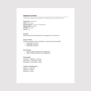 Puede incluir: Una plantilla de documento blanca titulada Statement of Work con secciones para Project Title, Client, Service Provider, Effective Date, End Date, Version, Purpose, Scope of Work, Out of Scope, Deliverables y Timeline and Milestones.