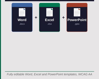 May include: A digital bundle featuring three icons representing Word, Excel, and PowerPoint with their respective file extensions .docx, .xlsx, and .pptx. The text reads Accessible Word, Excel and PowerPoint Bundle, and Fully editable Word, Excel and PowerPoint templates, WCAG AA. Built for equal access. Ready for every industry.