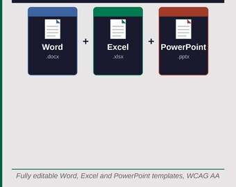 May include: A digital bundle featuring three rectangular icons representing Word, Excel, and PowerPoint software. Each icon displays its respective name and file extension. Text below states: Fully editable Word, Excel and PowerPoint templates, WCAG AA. Built for equal access. Ready for every industry.