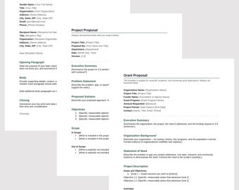 May include: A collection of three white document templates featuring black text. The documents are titled Professional Business Letter, Project Proposal, and Grant Proposal, each containing structured sections with placeholders for contact information and project details.