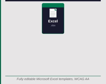 May include: A digital graphic featuring the text Accessible Excel Bundle at the top. A central icon displays a white document symbol on a dark blue background with the word Excel and .xlsx below it. The bottom text reads Fully editable Microsoft Excel templates, WCAG AA. Built for equal access. Ready for every industry.