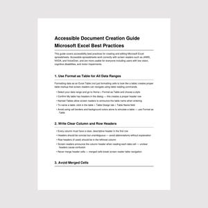 Puede incluir: Un documento titulado Accessible Document Creation Guide Microsoft Excel Best Practices. Describe tres pasos clave: usar formato de tabla para rangos de datos, escribir encabezados claros de columnas y filas, y evitar celdas combinadas.
