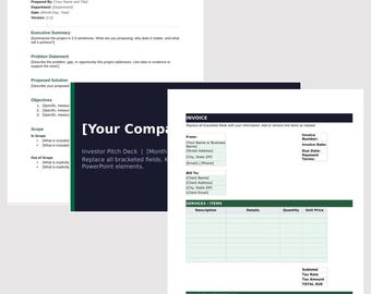 May include: A collection of business document templates including a Project Proposal with sections for Executive Summary and Problem Statement, an Investor Pitch Deck slide, and an Invoice with fields for From, Bill To, and Services/Items.