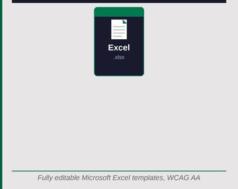 May include: A digital graphic featuring the text Accessible Excel Bundle at the top. A central icon displays a white document symbol on a dark blue background with the word Excel and .xlsx below it. The bottom text reads Fully editable Microsoft Excel templates, WCAG AA. Built for equal access. Ready for every industry.