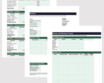 May include: A collection of three digital templates featuring a Monthly Budget Tracker, an Invoice form, and a Fitness and Workout Tracker. Each document includes dark blue headers, green grid lines, and white cells for data entry and tracking.