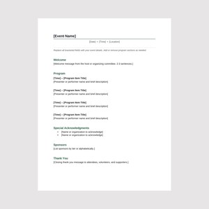 Puede incluir: Una plantilla de programa de evento en color blanco con texto en negro que incluye marcadores de posición para el nombre del evento, fecha, hora, ubicación, mensaje de bienvenida, elementos del programa, agradecimientos y patrocinadores.