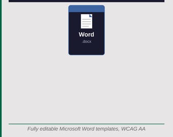 May include: A digital graphic featuring the text Accessible Word Bundle at the top. In the center is a dark blue icon representing a Word .docx file. Below, the text reads Fully editable Microsoft Word templates, WCAG AA. Built for equal access. Ready for every industry.