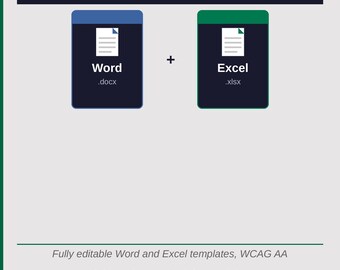 May include: A digital bundle featuring a blue Word icon labeled .docx and a green Excel icon labeled .xlsx, separated by a plus sign. The text reads Accessible Word and Excel Bundle, Fully editable Word and Excel templates, WCAG AA, Built for equal access. Ready for every industry.