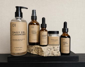 Routine di cura della pelle naturale in 5 fasi / Detergente, tonico, siero alla vitamina C, crema idratante e olio per il viso / Prodotti per la cura della pelle fatti a mano / Cura della pelle naturale