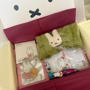 Può includere: Una scatola regalo bianca con il volto del personaggio Miffy sul coperchio, contenente una fascia verde pelosa con un'applicazione Miffy, un blocco note Miffy, adesivi Miffy, una penna Miffy e una carta Miffy in una busta di plastica trasparente.