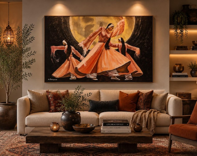 Celestial Whirling Dervishes Painting: Moonlit Figurative Expressionist Art 100 x 70cm