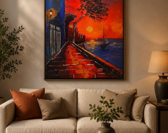 Crimson Horizon Waterfront Sunset Painting: Intense Warm-Cool Color Contrast, 51cm x 76cm