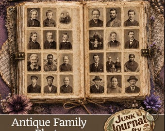 May include: An open antique photo album featuring 15 pages of sepia-toned portraits of various individuals and groups. The album has a weathered, aged appearance with visible paper textures and metal clasps on the sides, displaying historical photographs.