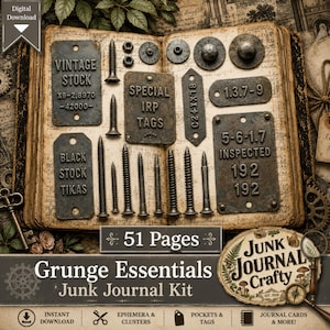 May include: A digital junk journal kit featuring 51 pages of vintage-style ephemera, including metal tags with embossed text like VINTAGE STOCK, SPECIAL IRP TAGS, and 5-6-1.7 INSPECTED, alongside various metal screws and hardware elements.