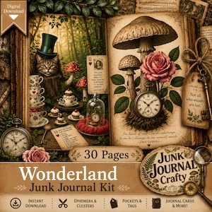 Peut inclure: Un kit de journal créatif numérique montrant un livre ouvert avec des illustrations de champignons, une rose rose, une montre de poche et un chat portant un haut-de-forme vert. Les pages incluent du texte, des cartes à jouer, des tasses et une étiquette avec une clé et la citation Not all who wander are lost.