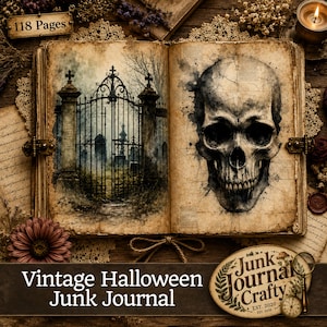 Peut inclure: Un journal de style vintage ouvert de 118 pages, présentant une illustration à l'aquarelle d'une grille de cimetière en fer forgé sur la page de gauche et un crâne humain détaillé sur la page de droite. Le papier a un aspect vieilli sépia.