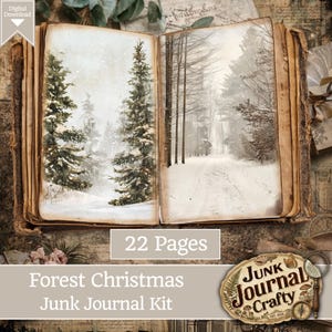 May include: An open book with aged, yellowed pages displaying a winter forest scene. The left page shows snow-covered pine trees, while the right page features a snowy path through a forest. The text 22 Pages and Forest Christmas Junk Journal Kit is visible.
