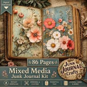 May include: An open book featuring vintage-style floral illustrations in shades of pink, white, and peach against a textured blue background. The kit includes 86 pages, ephemera, clusters, pockets, tags, and journal cards for mixed media projects.