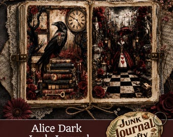 May include: An open junk journal with 139 pages featuring a dark fantasy theme. The left page shows a black raven perched on a stack of books with a clock, while the right page depicts a queen figure in a garden with a checkered floor.