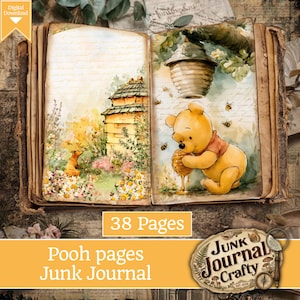 May include: An open book featuring watercolor illustrations of a yellow bear eating honey from a pot, a beehive, and a small fox in a flower garden. The pages contain vintage-style script text and botanical imagery, totaling 38 pages in this set.