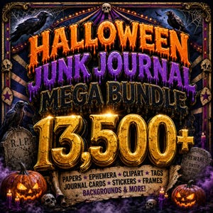 May include: A digital graphic featuring the text Halloween Junk Journal Mega Bundle 13,500+ with orange, purple, and gold lettering. The design includes black ravens, carved jack-o'-lanterns, tombstones, and skulls against a dark, spooky background.