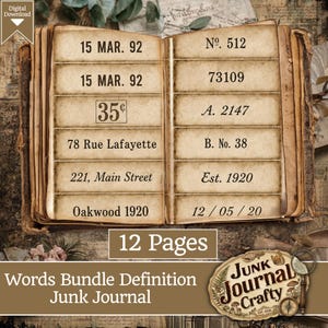 May include: An open book with aged, beige pages featuring printed text including 15 MAR. 92, 35 cents, 78 Rue Lafayette, 221 Main Street, Oakwood 1920, No. 512, 73109, A. 2147, B. No. 38, Est. 1920, and 12 / 05 / 20. The text 12 Pages is displayed below.