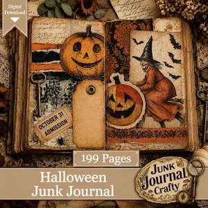 May include: An open junk journal featuring Halloween-themed pages with illustrations of a jack-o'-lantern, a witch on a broomstick, and bats. The layout includes a vintage key, a tag, and a ticket labeled OCTOBER 31 ADMISSION. The text reads 199 Pages.