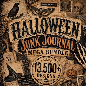 May include: A Halloween junk journal mega bundle graphic featuring the text HALLOWEEN JUNK JOURNAL MEGA BUNDLE and 13,500+ DESIGNS. The collage includes a black raven, a moth with a skull pattern, a witch hat, a pumpkin, and a skeleton hand.
