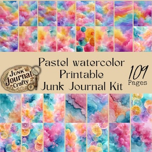 May include: A digital collection of 109 printable pages featuring pastel watercolour textures in shades of pink, blue, yellow, and orange. The set includes abstract cloud-like patterns, circular motifs, and citrus slice illustrations with the text Junk Journal Crafty.