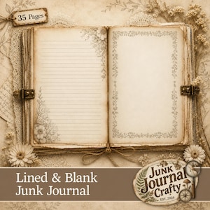 Könnte beinhalten: Ein offenes Junk-Journal mit 35 Seiten, das auf der linken Seite horizontale Linien und florale Eckillustrationen sowie auf der rechten Seite einen dekorativen Rankenrahmen aufweist. Das Journal hat Metallverschlüsse und beiges Papier.