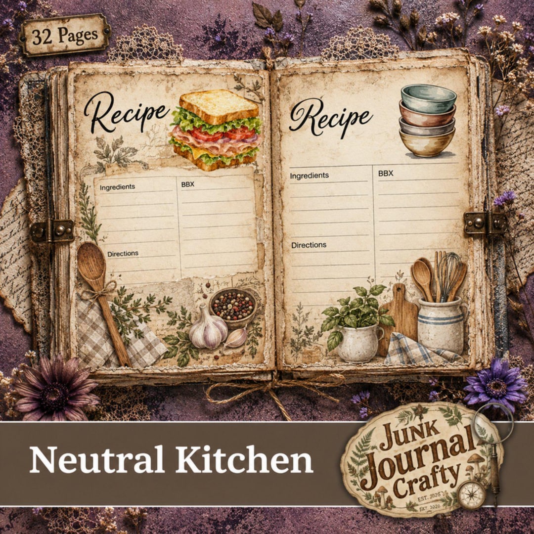 Neutral Kitchen Recipe Cards, Printable Recipe Cards, Vintage Kitchen ...