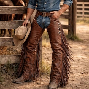 Herren Echtleder Western Chaps - Fringe Biker Motorrad Rodeo Ausrüstung