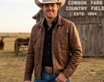 May include: A light brown cowboy hat, a brown leather jacket with a front zipper, a black button-down shirt, and blue denim jeans with a large metallic belt buckle. The attire is worn by a person standing in front of a wooden barn structure.