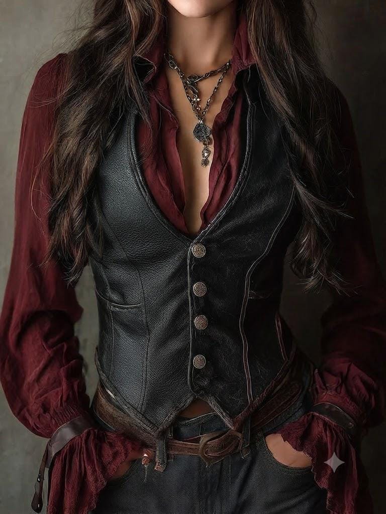 Vintage-Inspired Black Leather Vest Fitted Button-Up Waistcoat, Boho Western Style