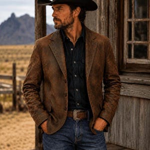 Chaqueta americana clásica de cuero, abrigo western de piel de cordero auténtica hecho a mano, prenda de abrigo atemporal para hombre.