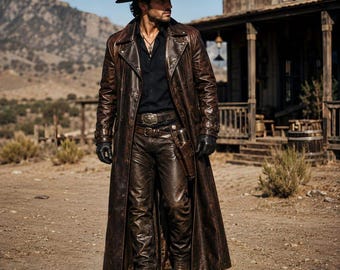 Men's Genuine Leather Western Duster Coat, Vintage Brown Cowboy Trench Outfit, Gothic Rancher Style