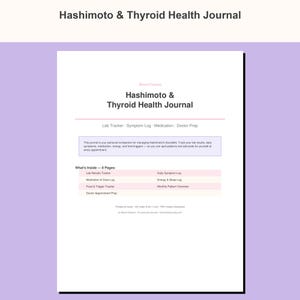 Könnte beinhalten: Eine weiße Seite des Hashimoto & Thyroid Health Journal mit schwarzem Text, einem hellvioletten Kopfbereich und einer Tabelle, die acht Seiten auflistet, darunter ein Laborergebnis-Tracker, Medikamentenprotokoll und Symptom-Tagebuch.