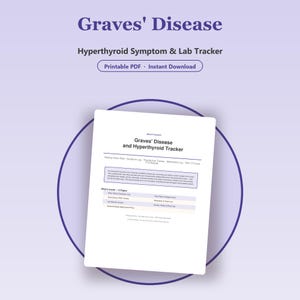 Op de afbeelding: Een digitaal document getiteld Graves' Disease and Hyperthyroid Tracker, met secties voor hartslag, symptoomlogboeken, oogtracking, medicatielijsten en laboratoriumresultaten zoals TSH, FT4 en FT3 op een lichtpaarse achtergrond.